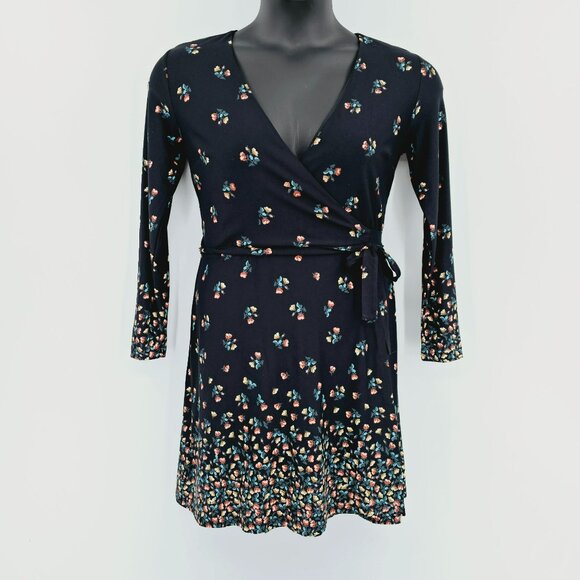 Loft Petites True Wrap Dress SP Black Colorful Floral Petaled Long Sleeve New - Picture 11 of 12